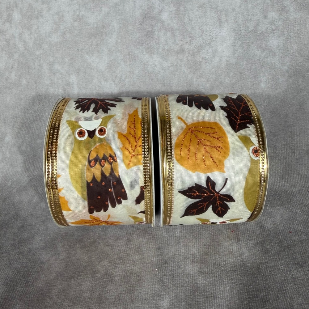 Lot of 2 Autumn Fall Ribbon Wired 2"x12ft Thanksgiving Owl Leaves Glitter NEW